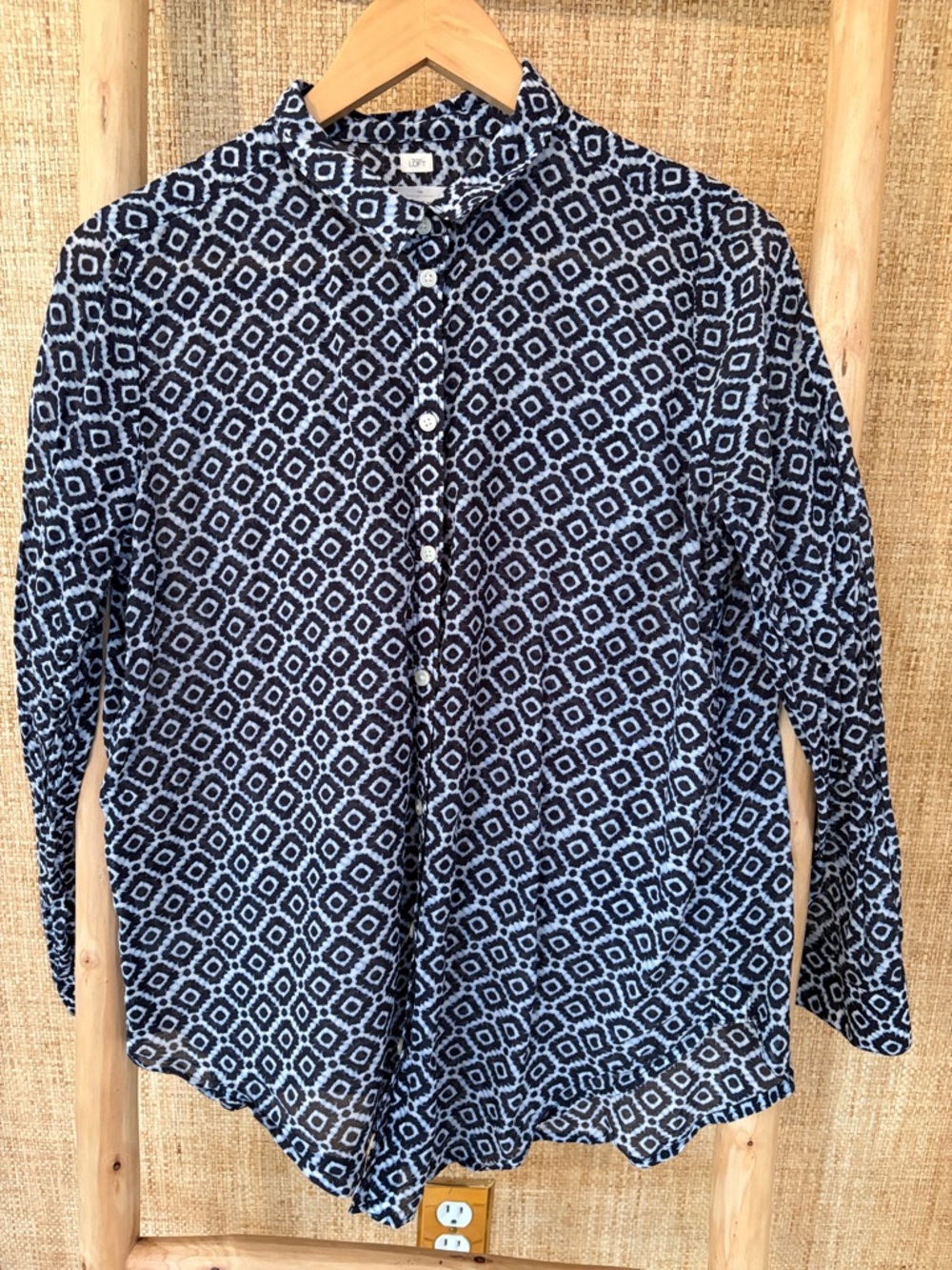 LOFT Navy and Light Blue Geometric Button-Up Shirt